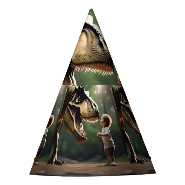 **"Courage Unleashed: A Small Boy Faces the T-Rex" Party Hat (Front)