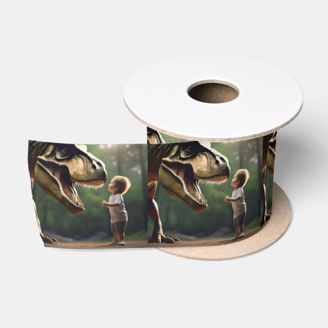**"Courage Unleashed: A Small Boy Faces the T-Rex" Satin Ribbon (Spool)