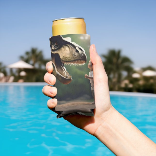 **"Courage Unleashed: A Small Boy Faces the T-Rex" Seltzer Can Cooler (In Situ Pool)