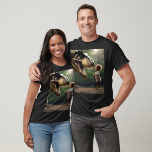 **"Courage Unleashed: A Small Boy Faces the T-Rex" T-Shirt