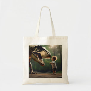 **"Courage Unleashed: A Small Boy Faces the T-Rex" Tote Bag