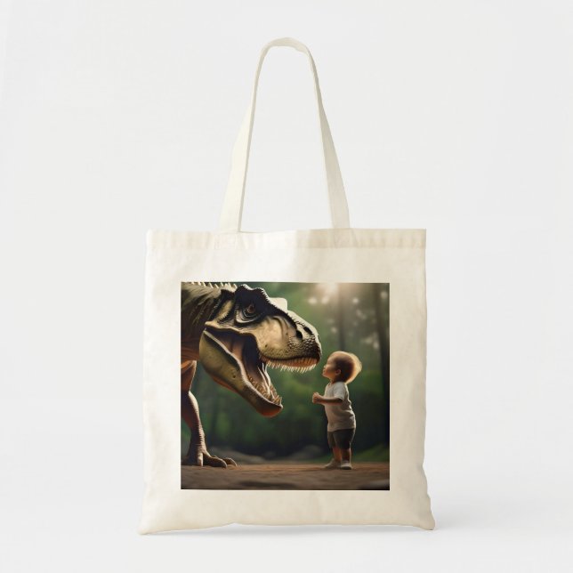 **"Courage Unleashed: A Small Boy Faces the T-Rex" Tote Bag (Front)