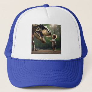 **"Courage Unleashed: A Small Boy Faces the T-Rex" Trucker Hat