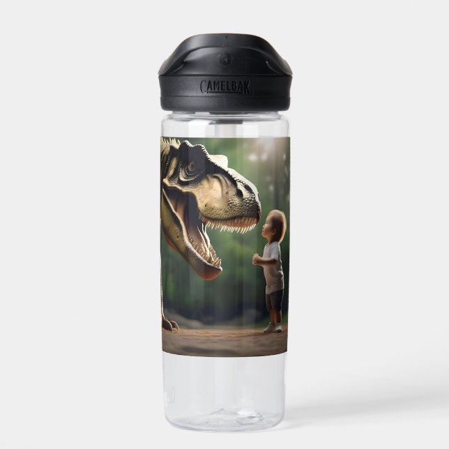 **"Courage Unleashed: A Small Boy Faces the T-Rex" Water Bottle (Back)