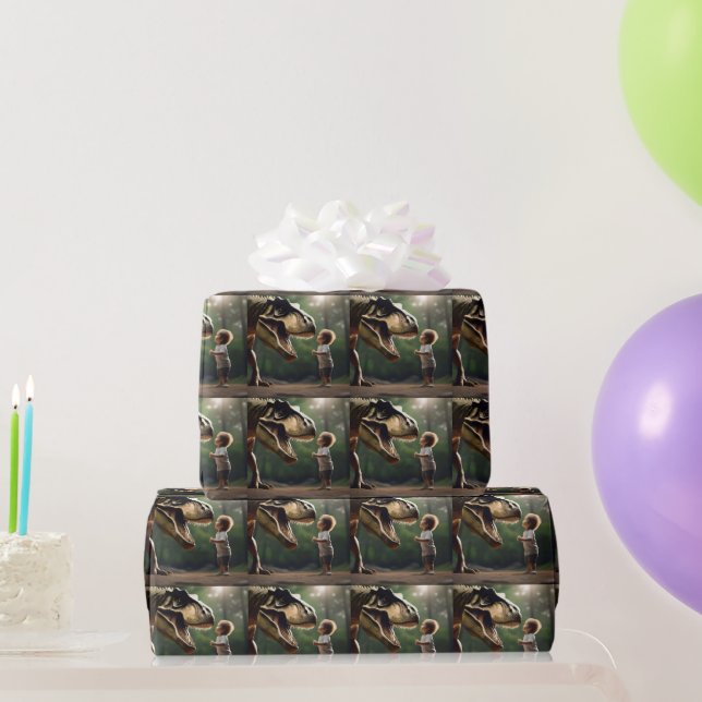**"Courage Unleashed: A Small Boy Faces the T-Rex" Wrapping Paper (Party Gifts)