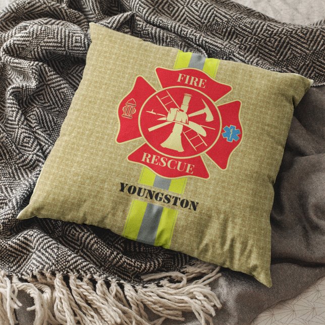 Courageous Firefighter Maltese Cross Design Cushion (Fire Rescue Bunker Gear Maltese Cross Emblem Throw Pillow)