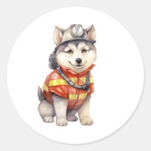 Courageous Firefighter Siberian Husky Dog Honourin Classic Round Sticker