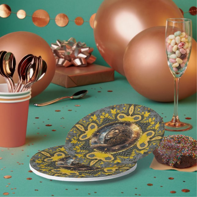 Courageous Leo Zodiac Gold Yellow Fractal Mandala Paper Plate (Multi)
