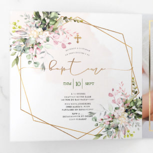 Couronne de Rose Blush Feuillage Aquarelle Bapteme Tri-Fold Invitation