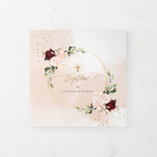 Couronne de Roses Aquarelle, Bapteme Tri-Fold Invitation