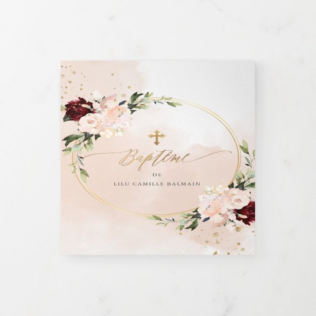 Couronne de Roses Aquarelle, Bapteme Tri-Fold Invitation (Cover)