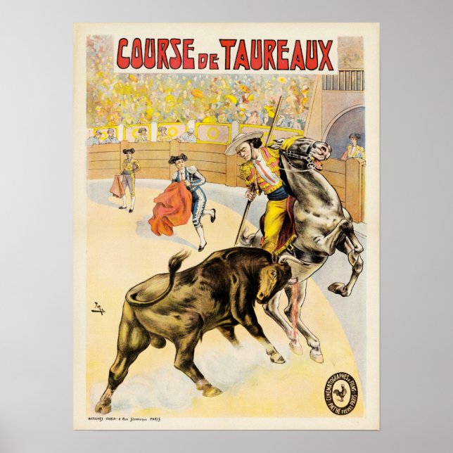 Course De Taureaux Vintage 1907 Bull Fighting Ad Poster (Front)