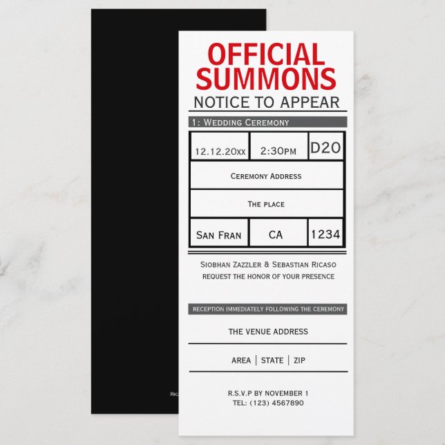 Court Summons Notice To Appear Novelty Wedding Invitation (Front/Back)