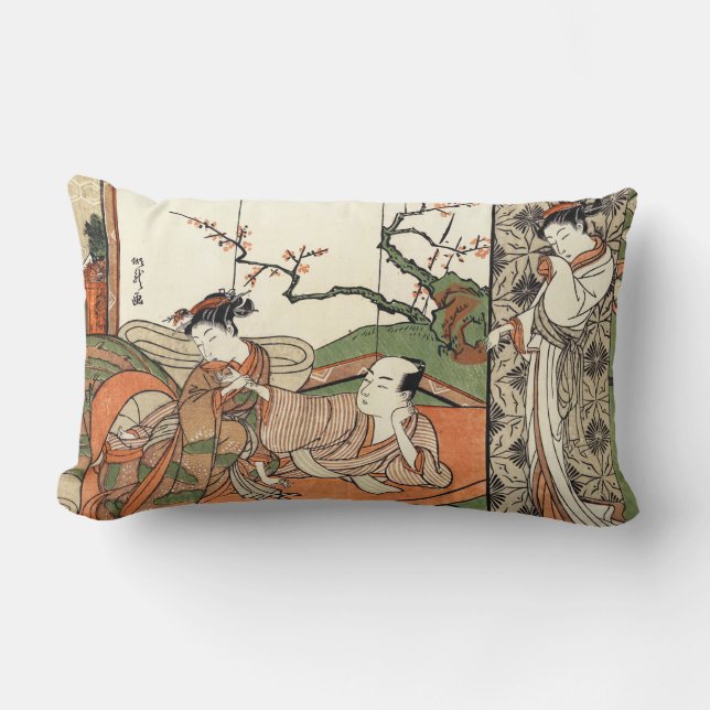 Courtesan In Bed With A Client ukiyo-e woodblock Lumbar Cushion (Front)