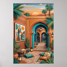 Courtyard Sunset Art - Boho Turquoise Arches Palm 