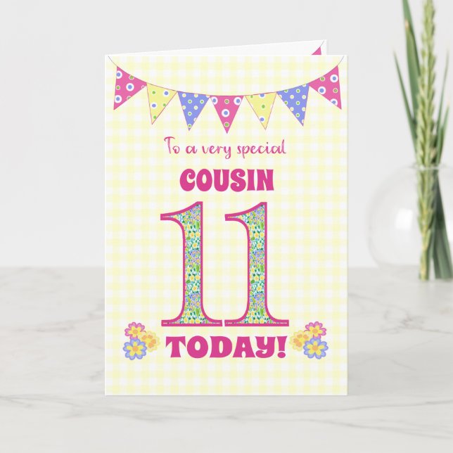 Cousin 11th Birthday Primroses and Bunting Card (Front)