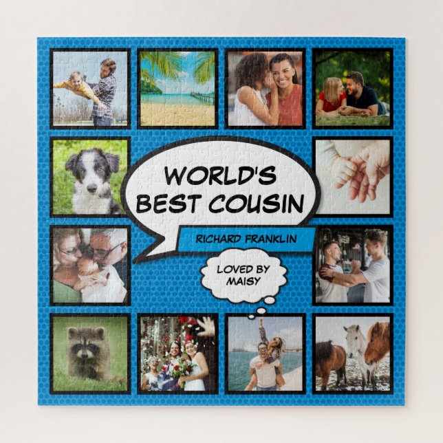 Cousin 12 Photo Collage Comic Book Fun Blue Jigsaw Puzzle (Vertical)