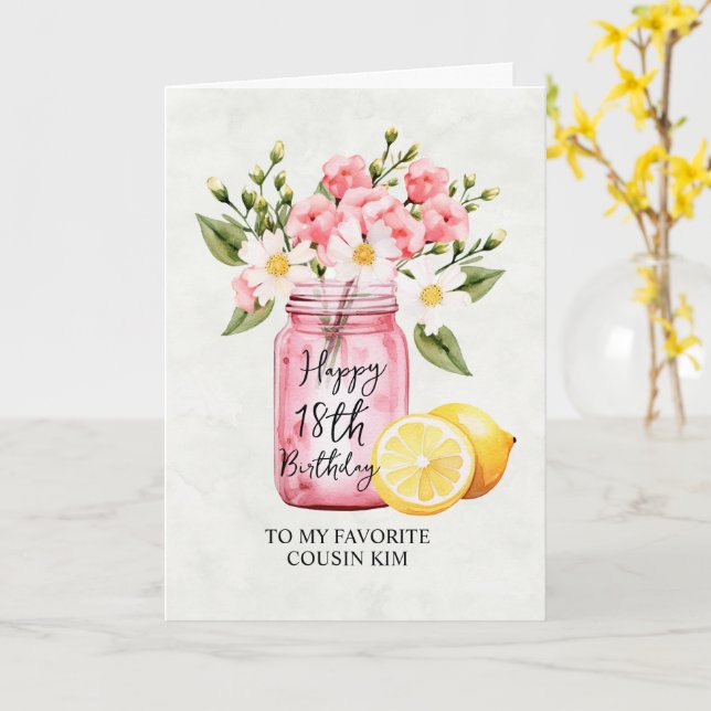 Cousin 18th Birthday Floral Jar Pink Greeting Card (Yellow Flower)