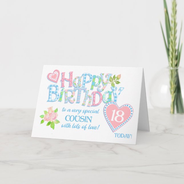 Cousin 18th Birthday Roses Hearts Word Art Card (Front)