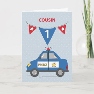 Cousin 1st Birthday Blue Police Car Card