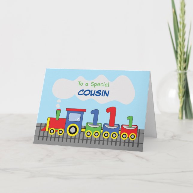 Cousin 1st Birthday Colourful Train on Track Card (Front)