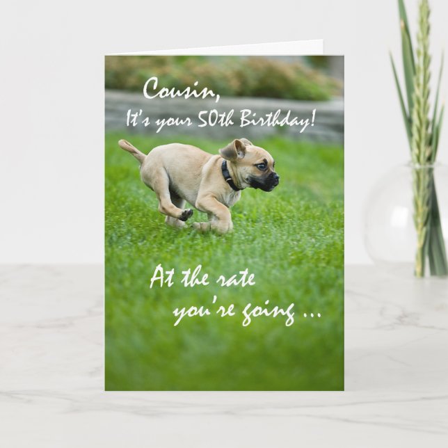 Cousin, 50th Birthday Puppy Running Card (Front)