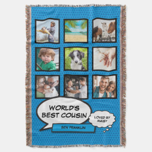 Cousin 9 Photo Collage Comic Book Fun Blue Throw Blanket