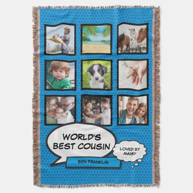 Cousin 9 Photo Collage Comic Book Fun Blue Throw Blanket (Front Vertical)