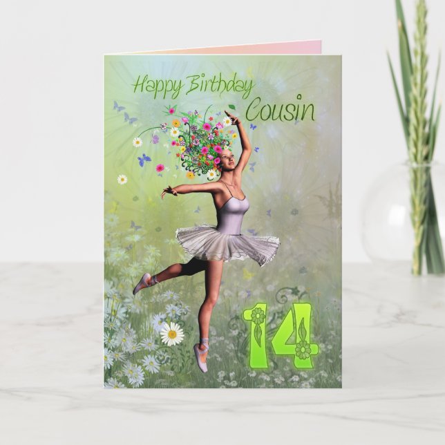 Cousin age 14, flower fairy birthday card (Front)