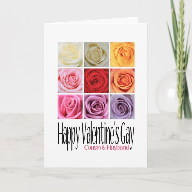 Cousin and Husband Valentine's Gay, Rainbow Roses Holiday Card (Front)