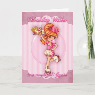 cousin birthday card - cute waitress pink