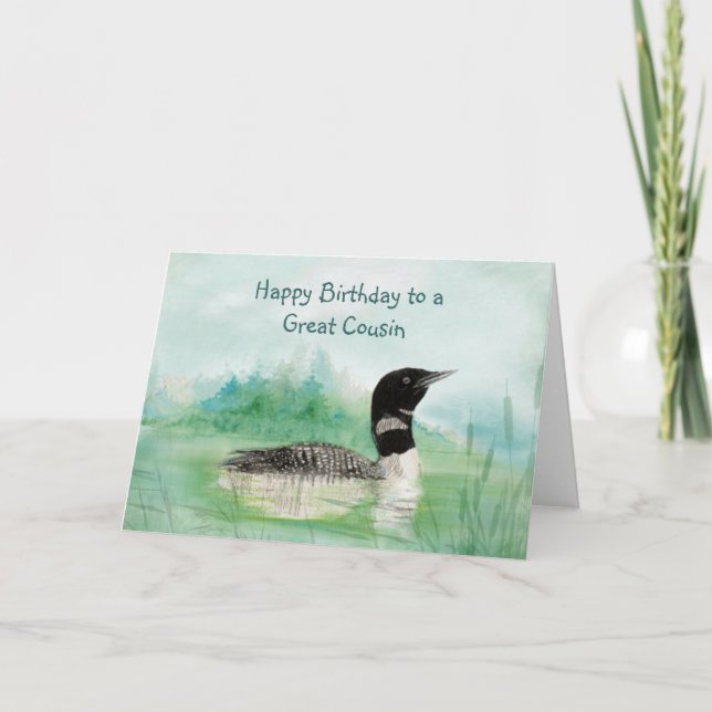 Cousin Birthday Watercolor Loon Bird Nature Card (Front)
