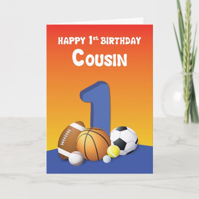 Cousin Boy 1st Birthday Sports Balls Card (Front)