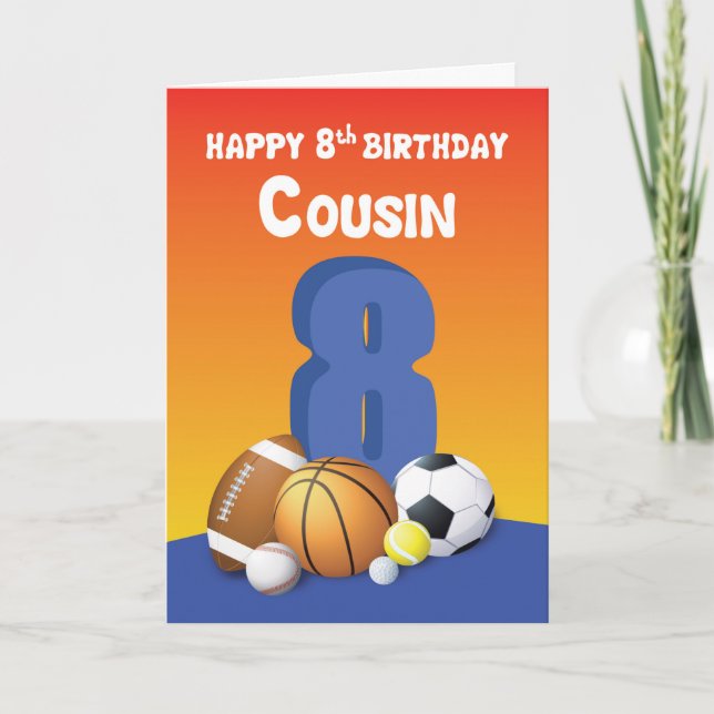 Cousin Boy 8th Birthday Sports Balls Card (Front)