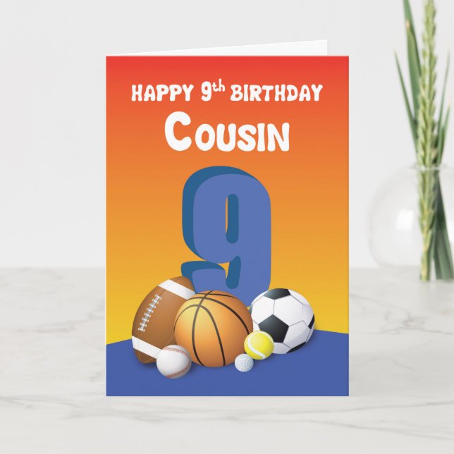 Cousin Boy 9th Birthday Sports Balls Card (Front)