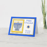 Cousin Chanukah Contemporary Menorah Card<br><div class="desc">Happy Chanukah Dearest Cousin,  contemporary menorah with blue candles,  paper greeting card. Digital illustration with a lit menorah and a Star of David. Art,  image,  and verse copyright © Shoaff Ballanger Studios,  2024.</div>