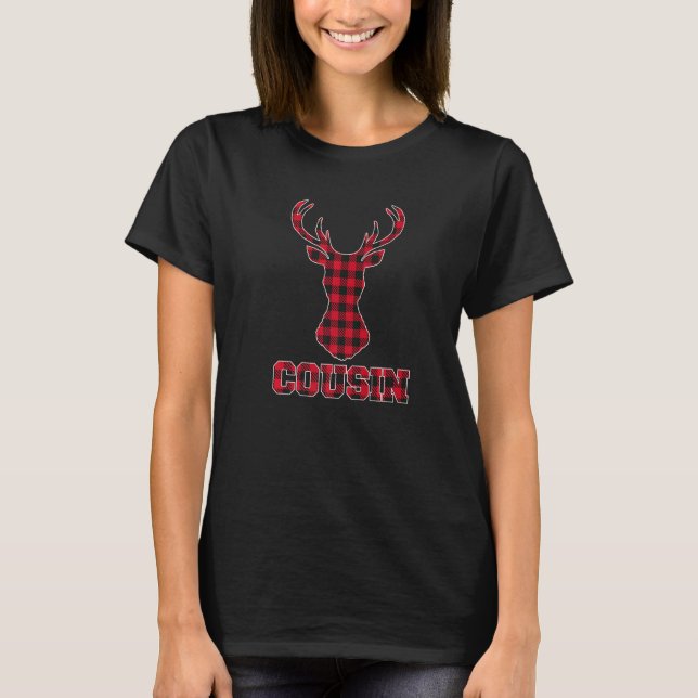 Cousin Christmas Red Buffalo Plaid Deer Head Match T-Shirt (Front)