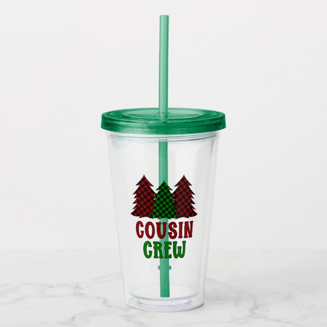 Cousin Crew Buffalo Plaid Christmas Tree Acrylic Tumbler (Front)