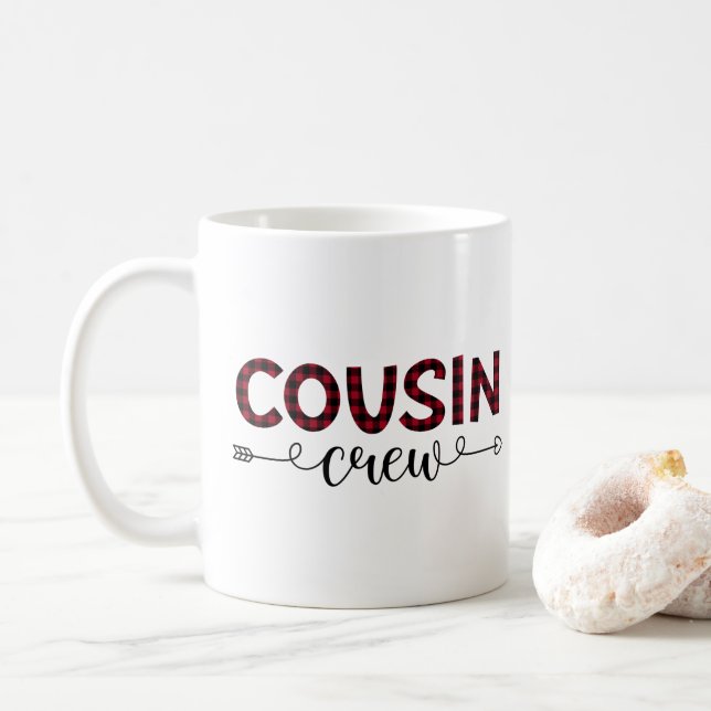Cousin Crew Buffalo Plaid Pattern Christmas Coffee Mug (With Donut)