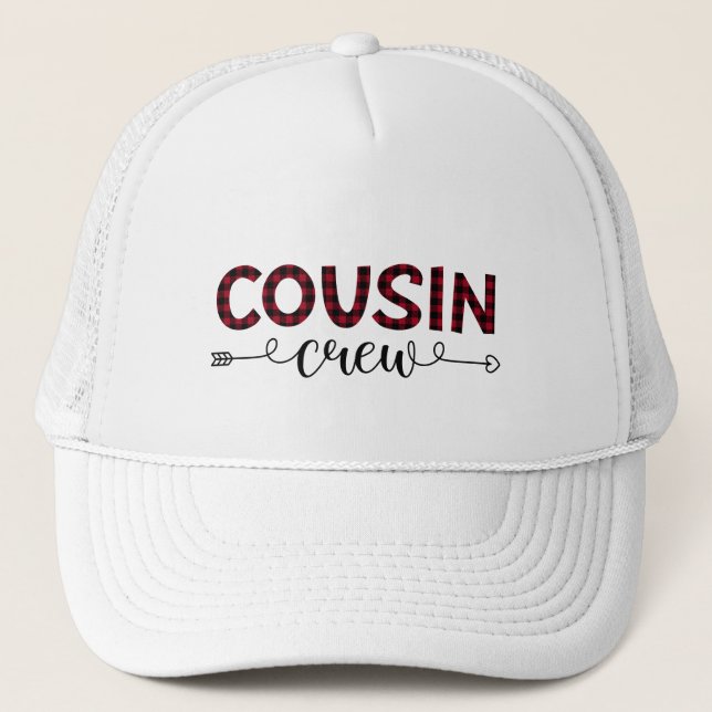 Cousin Crew Buffalo Plaid Pattern Christmas Trucker Hat (Front)