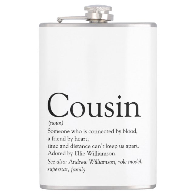 Cousin Definition Saying Modern Black and White Hip Flask (Front)