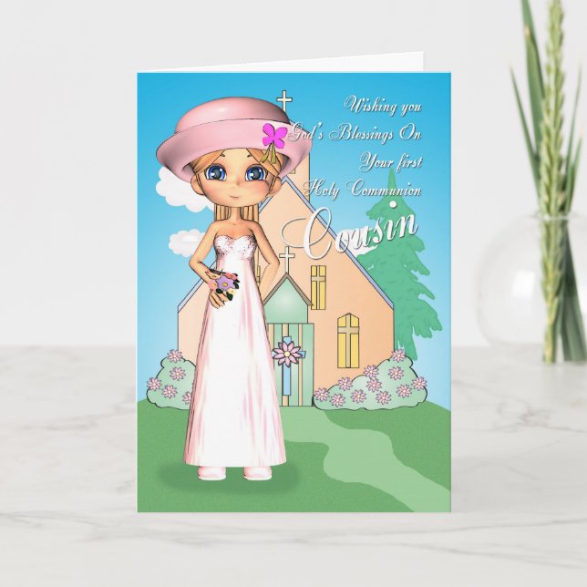 Cousin first holy communion little girl and church card (Front)