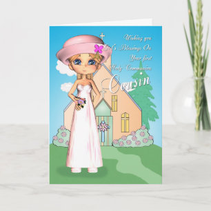 Cousin first holy communion little girl and church card