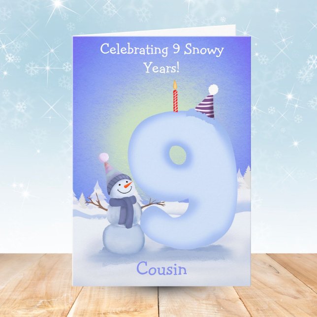 Cousin Happy 9th Birthday Snowman Building  Card (Creator Uploaded)