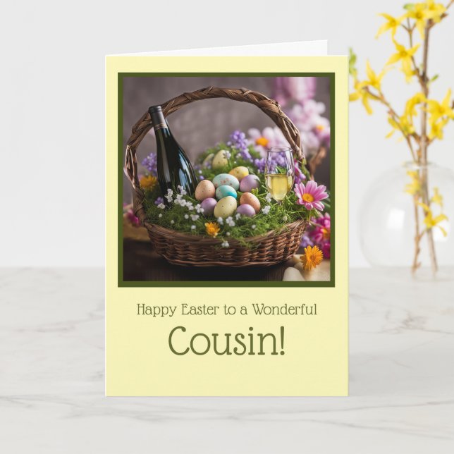 Cousin Happy Easter Humorous with Wine Card (Yellow Flower)