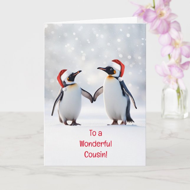 Cousin Happy Holidays Christmas Super Cute Penguin Card (Orchid)