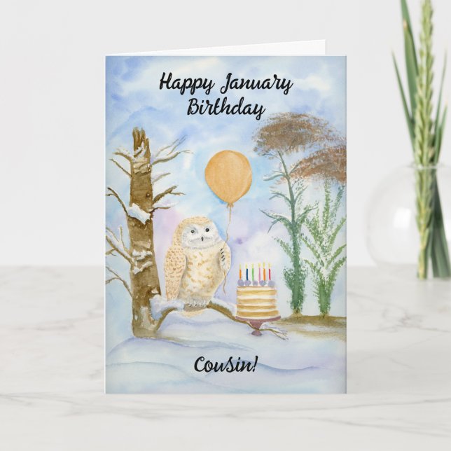 Cousin Happy January Birthday Owl Cake Card (Front)