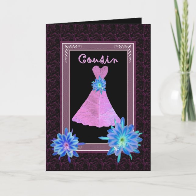COUSIN Junior Bridesmaid - Purple Gown and Flowers Invitation (Front)