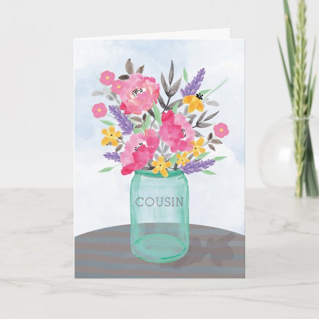 Cousin Mother's Day Mason Jar Vase with Flowers Card (Front)