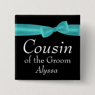 COUSIN of GROOM Aqua Bow Wedding Custom Name Y132 15 Cm Square Badge